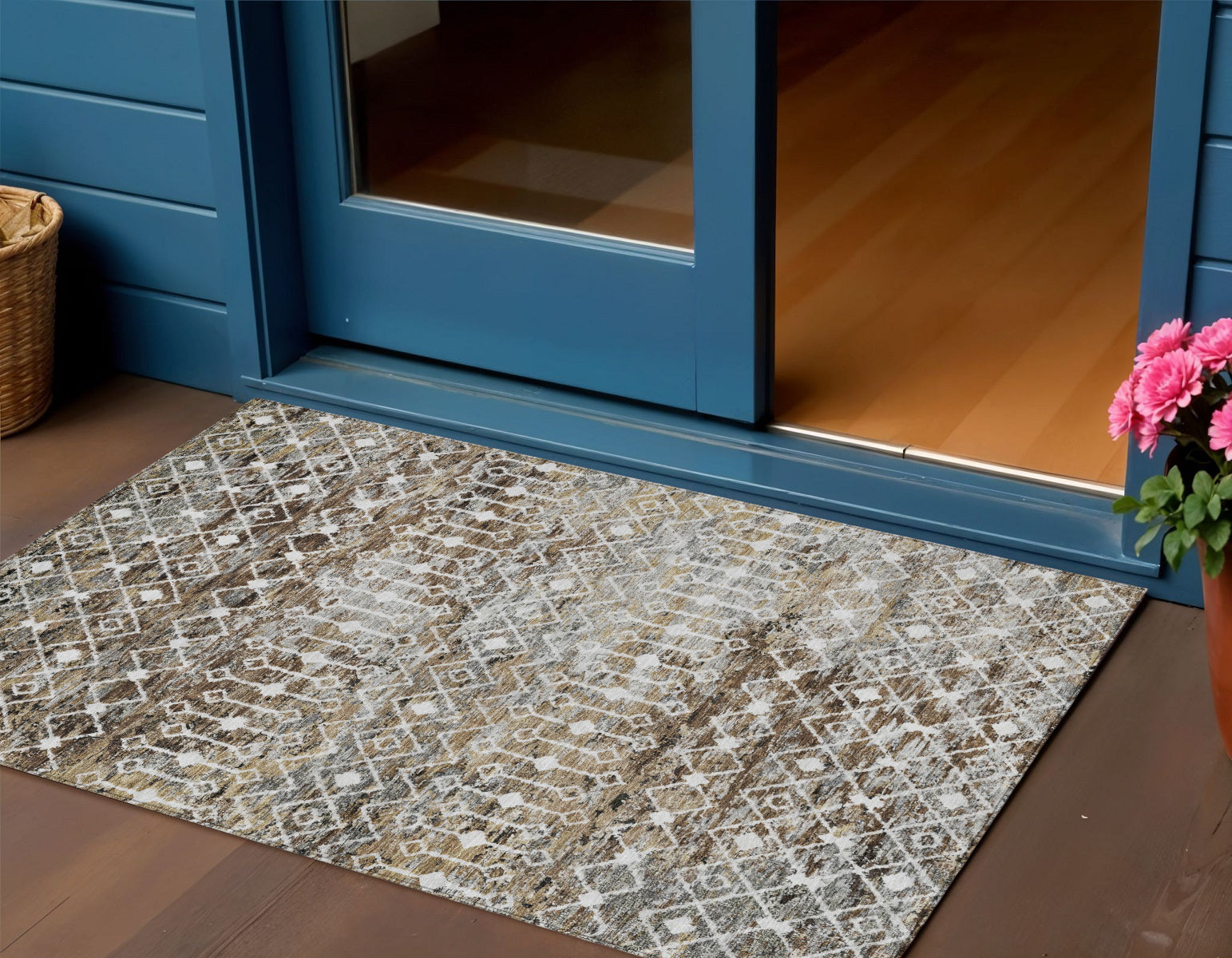 3 X 5 Brown And Beige Argyle Washable Indoor Outdoor Area Rug