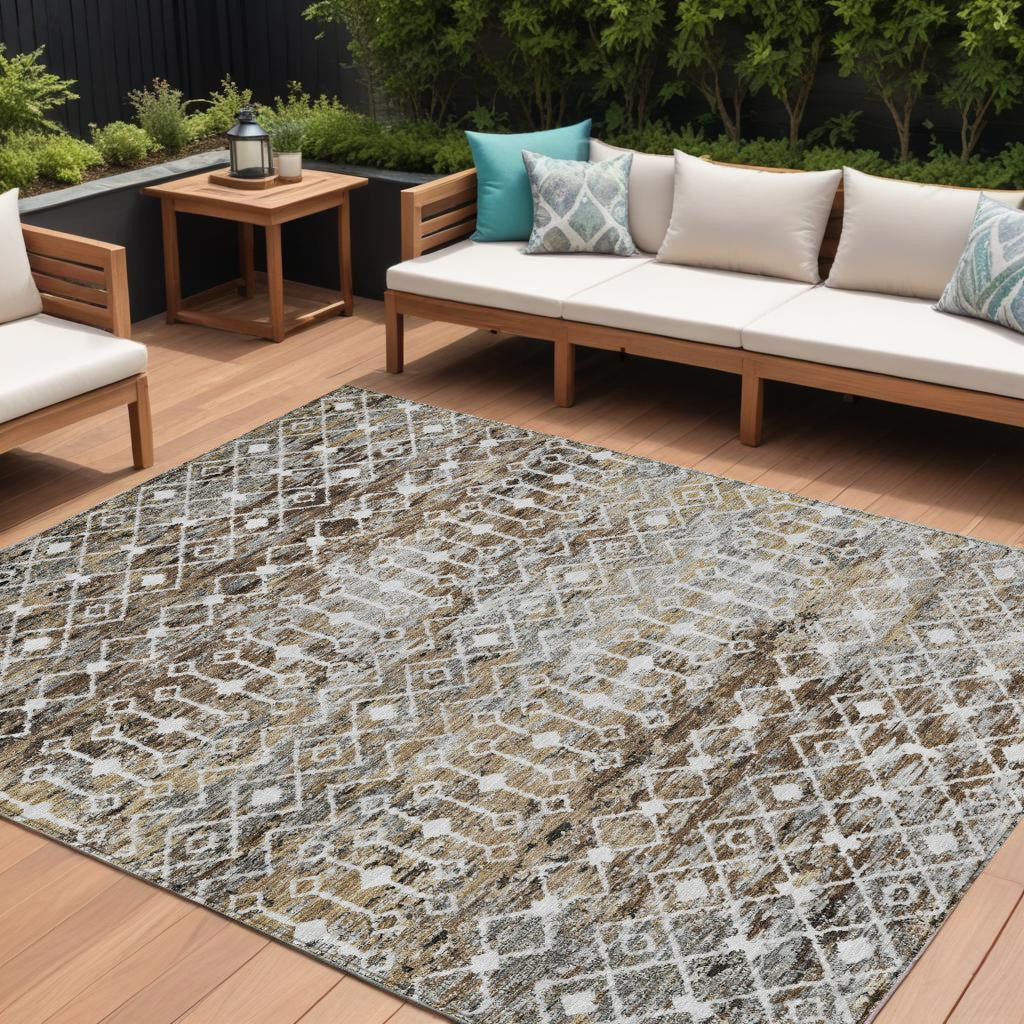 8 X 10 Brown And Beige Argyle Washable Indoor Outdoor Area Rug