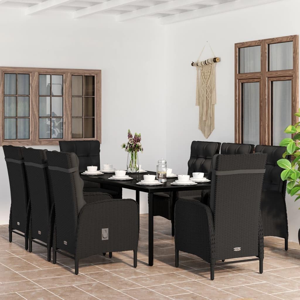 vidaXL 9-Piece Patio Dining Set - Black PE Rattan, Powder-Coated Steel, Glass Table Top, Acacia Wood Accents, Cushioned Chairs