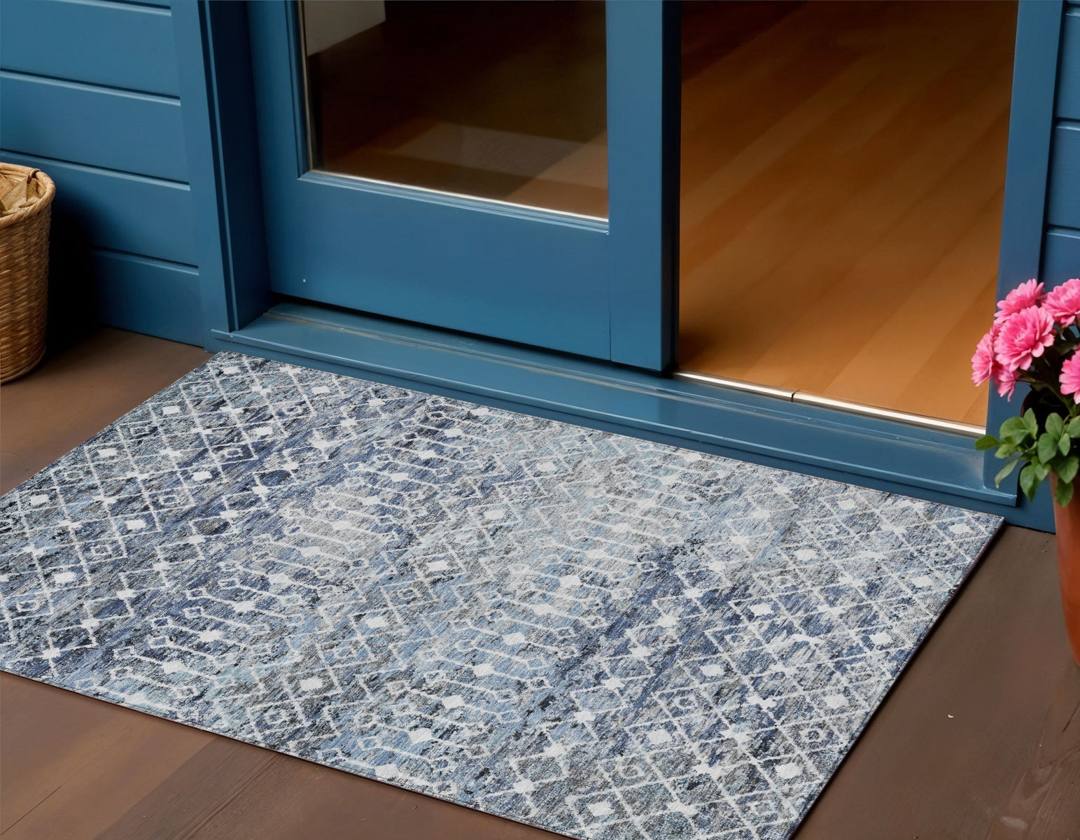 3 X 5 Blue And Silver Argyle Washable Indoor Outdoor Area Rug
