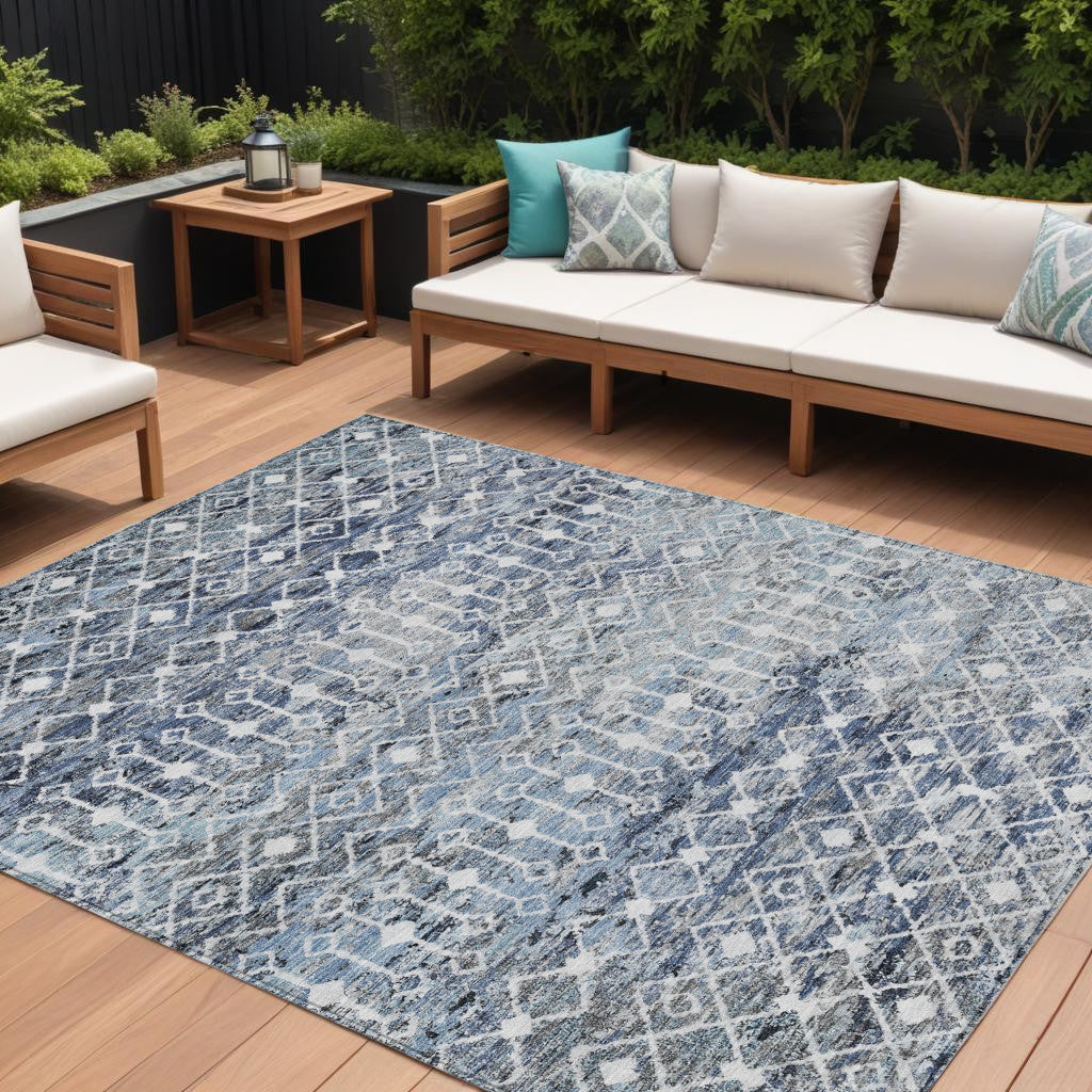 10 X 14 Blue And Silver Argyle Washable Indoor Outdoor Area Rug