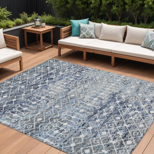 10 X 14 Blue And Silver Argyle Washable Indoor Outdoor Area Rug