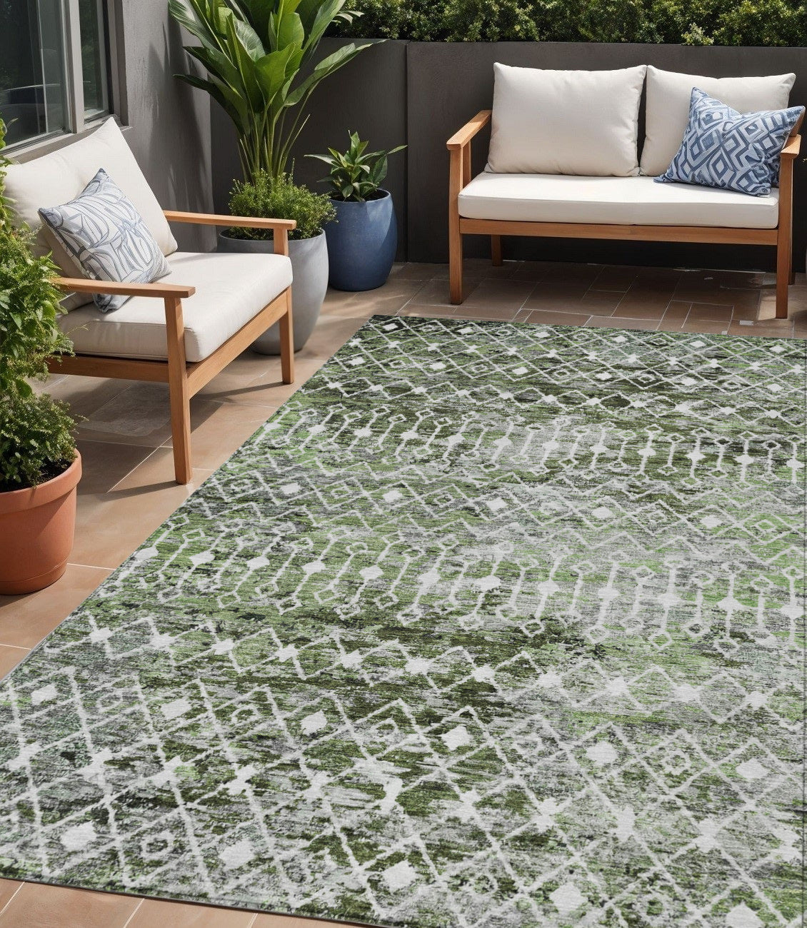 5 X 8 Olive Green And Ivory Argyle Washable Indoor Outdoor Area Rug