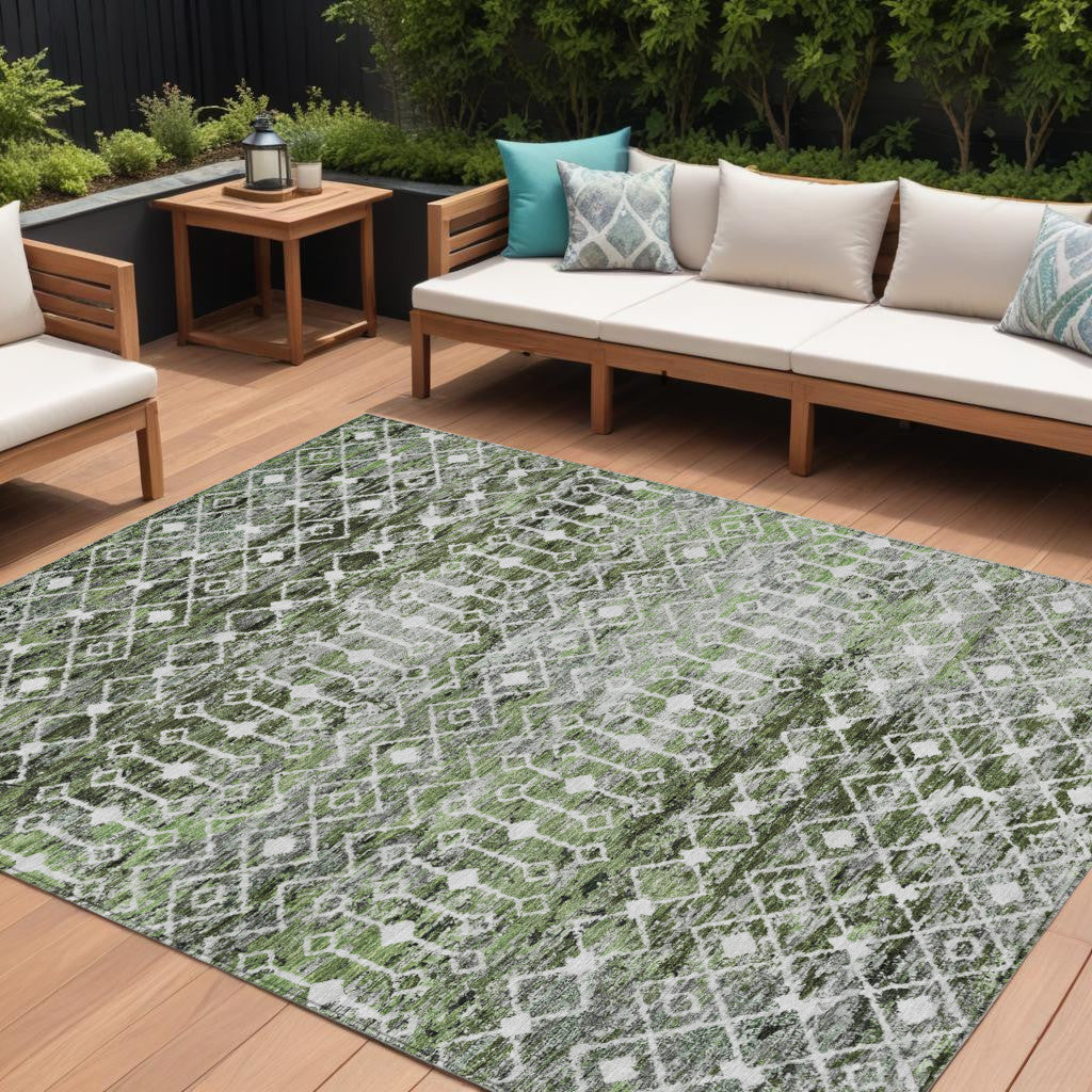 9 X 12 Olive Green And Ivory Argyle Washable Indoor Outdoor Area Rug