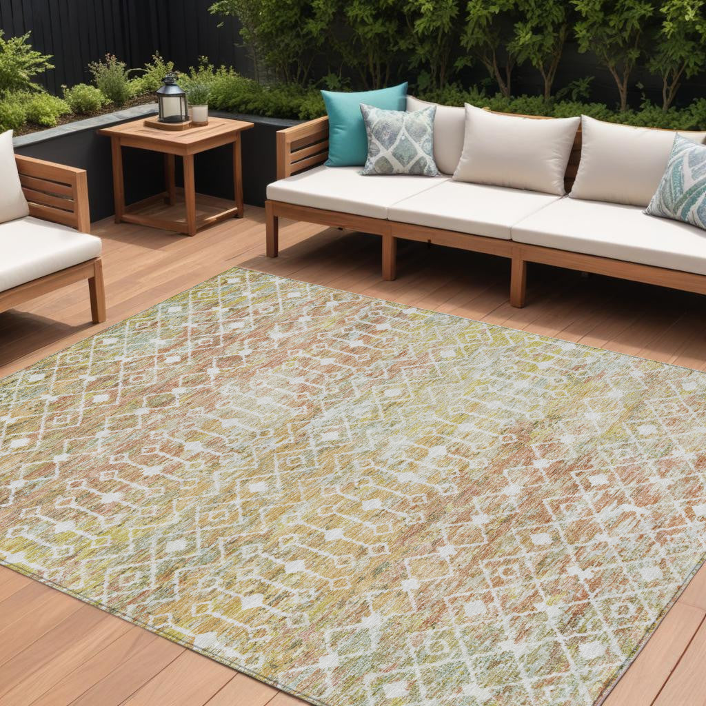 10 X 14 Peach And Ivory Argyle Washable Indoor Outdoor Area Rug