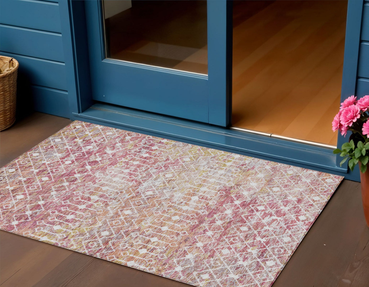 3 X 5 Pink And Ivory Argyle Washable Indoor Outdoor Area Rug
