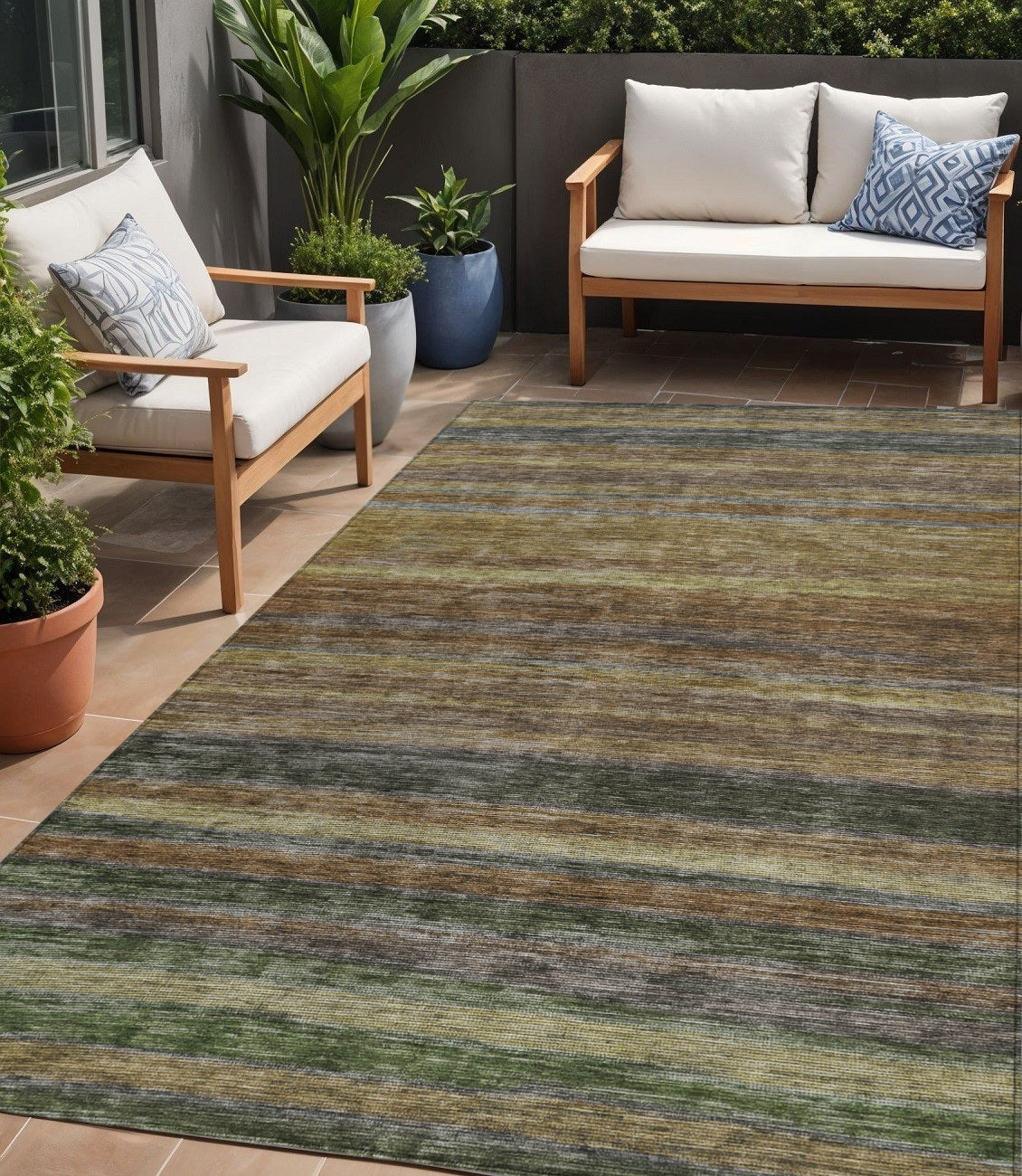 5 X 8 Brown And Gray Striped Washable Indoor Outdoor Area Rug