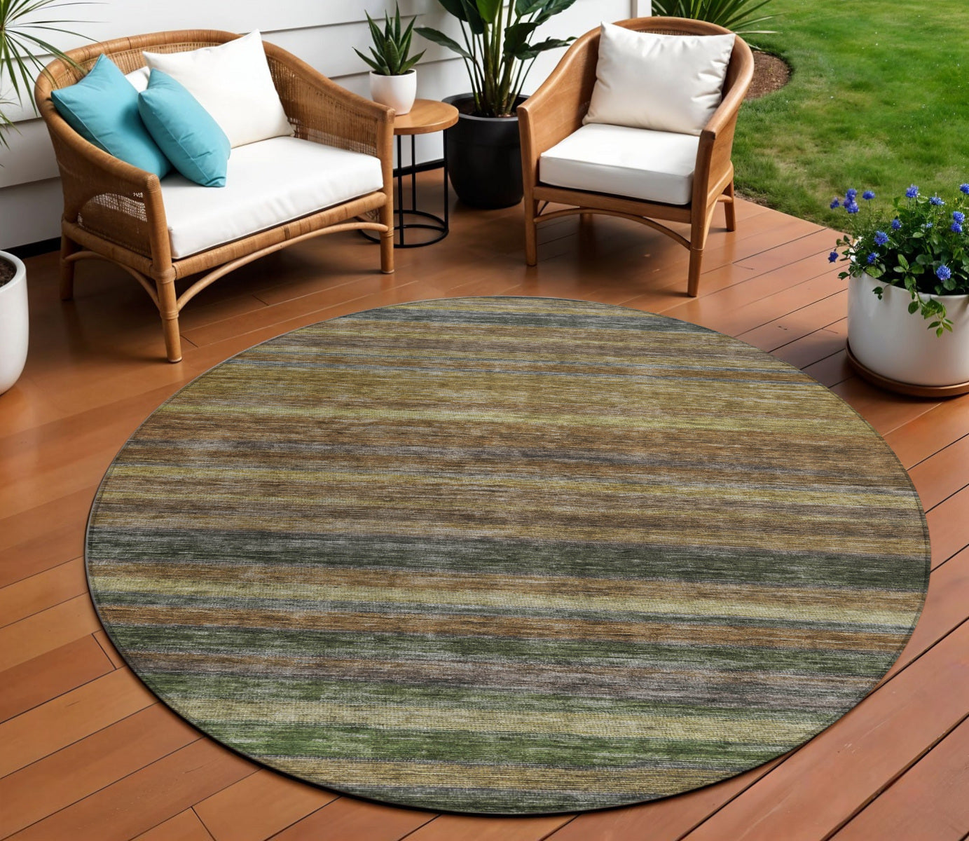 8 Brown And Gray Round Striped Washable Indoor Outdoor Area Rug