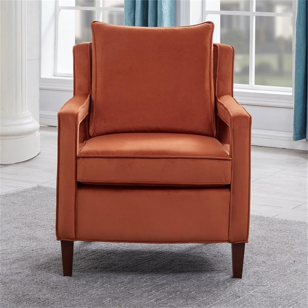 Comfort Pointe Questa Burnt Orange Velvet Accent Arm Chair with Open Arms and Brown Legs