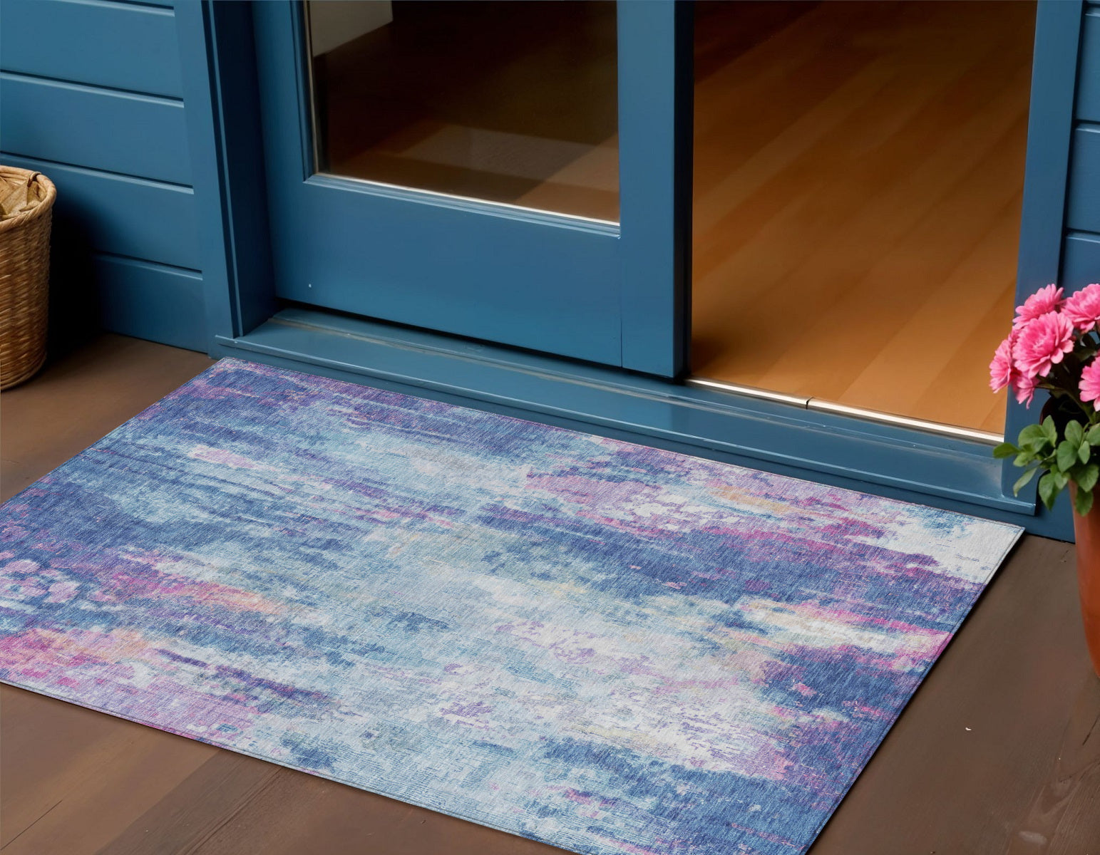 3 X 5 Blue Peach And Sky Blue Abstract Washable Indoor Outdoor Area Rug