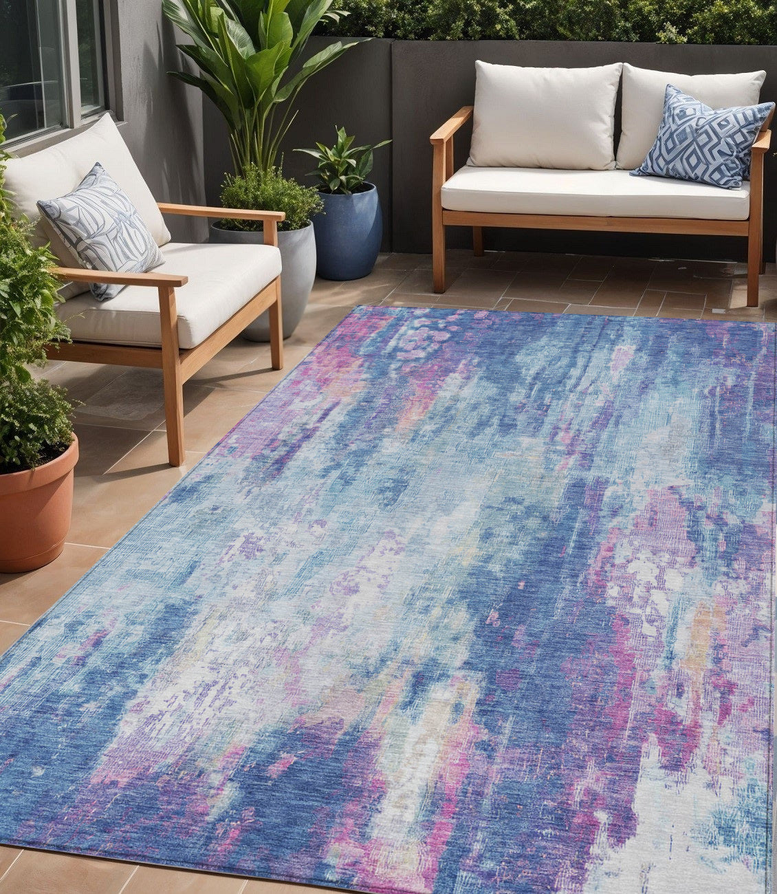 5 X 8 Blue Peach And Sky Blue Abstract Washable Indoor Outdoor Area Rug