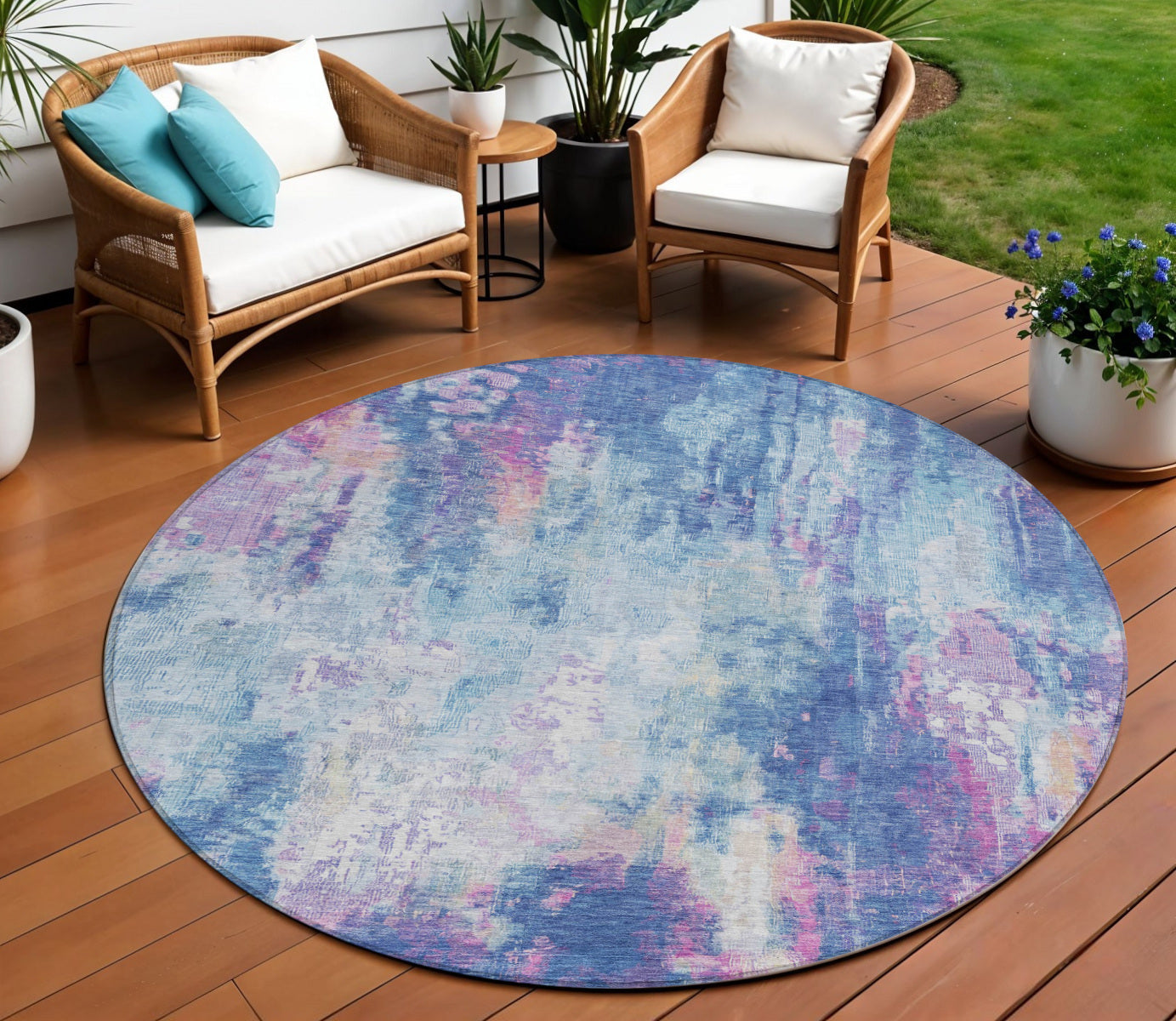 8 Blue Peach And Sky Blue Round Abstract Washable Indoor Outdoor Area Rug