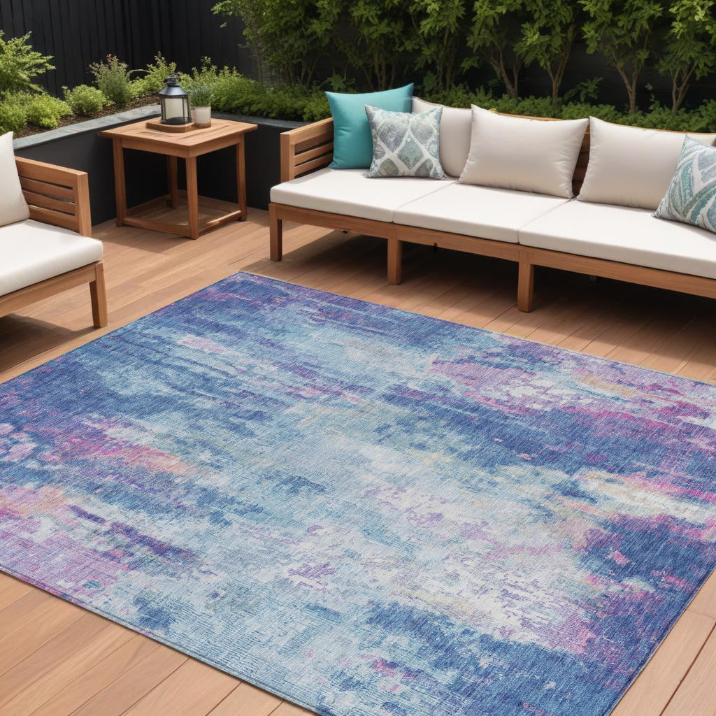 10 X 14 Blue Peach And Sky Blue Abstract Washable Indoor Outdoor Area Rug