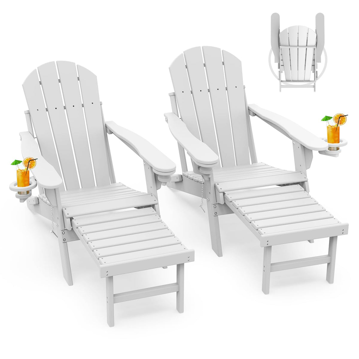 Greenvines Adirondack-Chairs-With-Ottoman | Set Of 2 | Folding | Retractable-Footrest | Hdpe Plastic | All Weather Fire Pit Chair | Cup Holders | White | For Outdoor Poolside