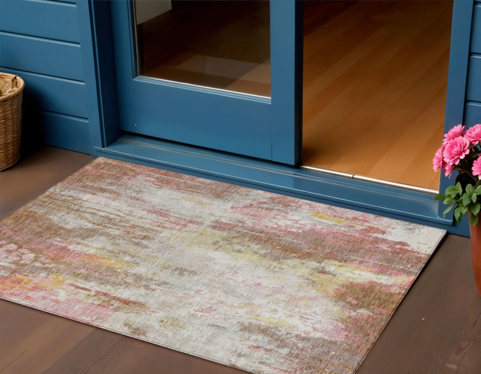 3 X 5 Tan Mauve And Ivory Abstract Washable Indoor Outdoor Area Rug