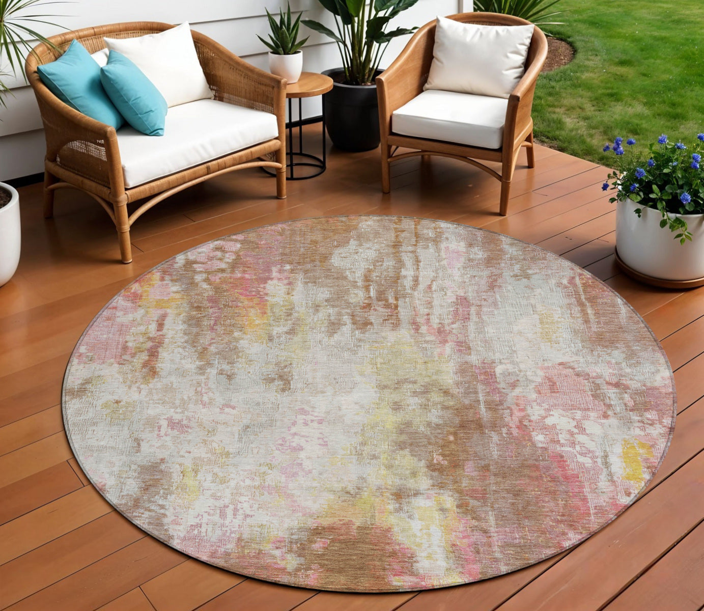 8 Tan Mauve And Ivory Round Abstract Washable Indoor Outdoor Area Rug