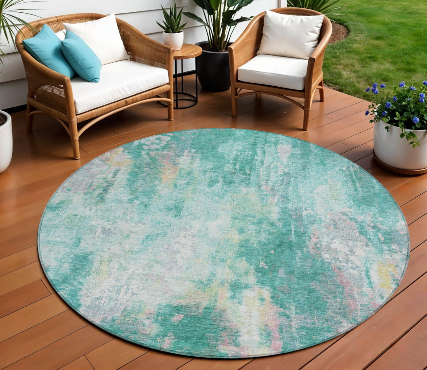 8 Teal Blue Peach And Ivory Round Abstract Washable Indoor Outdoor Area Rug