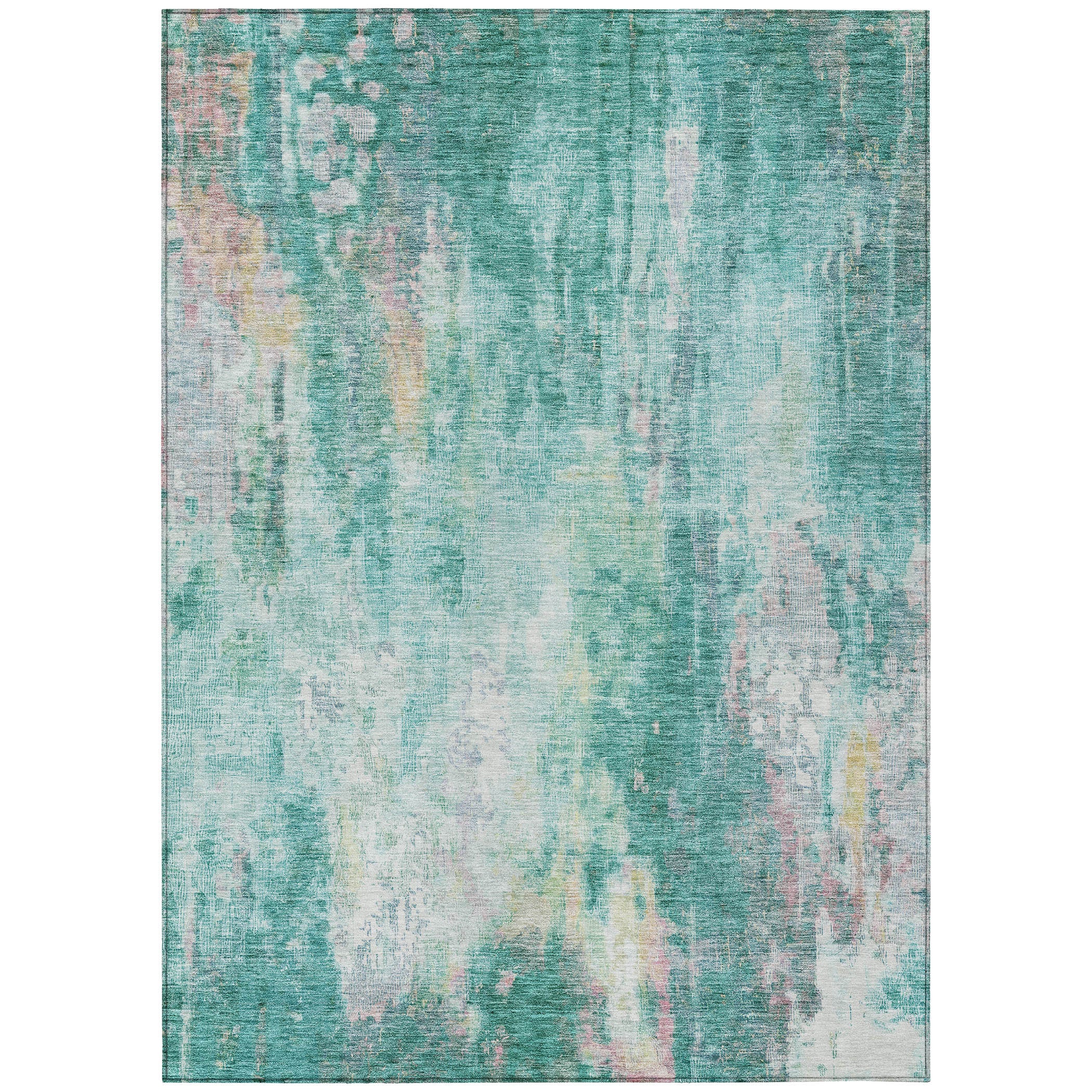 9 X 12 Teal Blue Peach And Ivory Abstract Washable Indoor Outdoor Area Rug