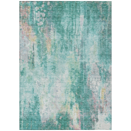 10 X 14 Teal Blue Peach And Ivory Abstract Washable Indoor Outdoor Area Rug