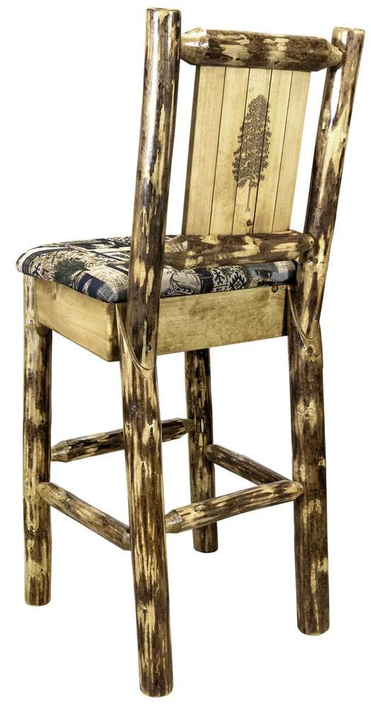 Montana Woodworks Glacier Country Collection Counter Height Barstool with Upholstered Seat, Woodland Pattern, Laser Engraved Pine Tree Design, Stained & Lacquered
