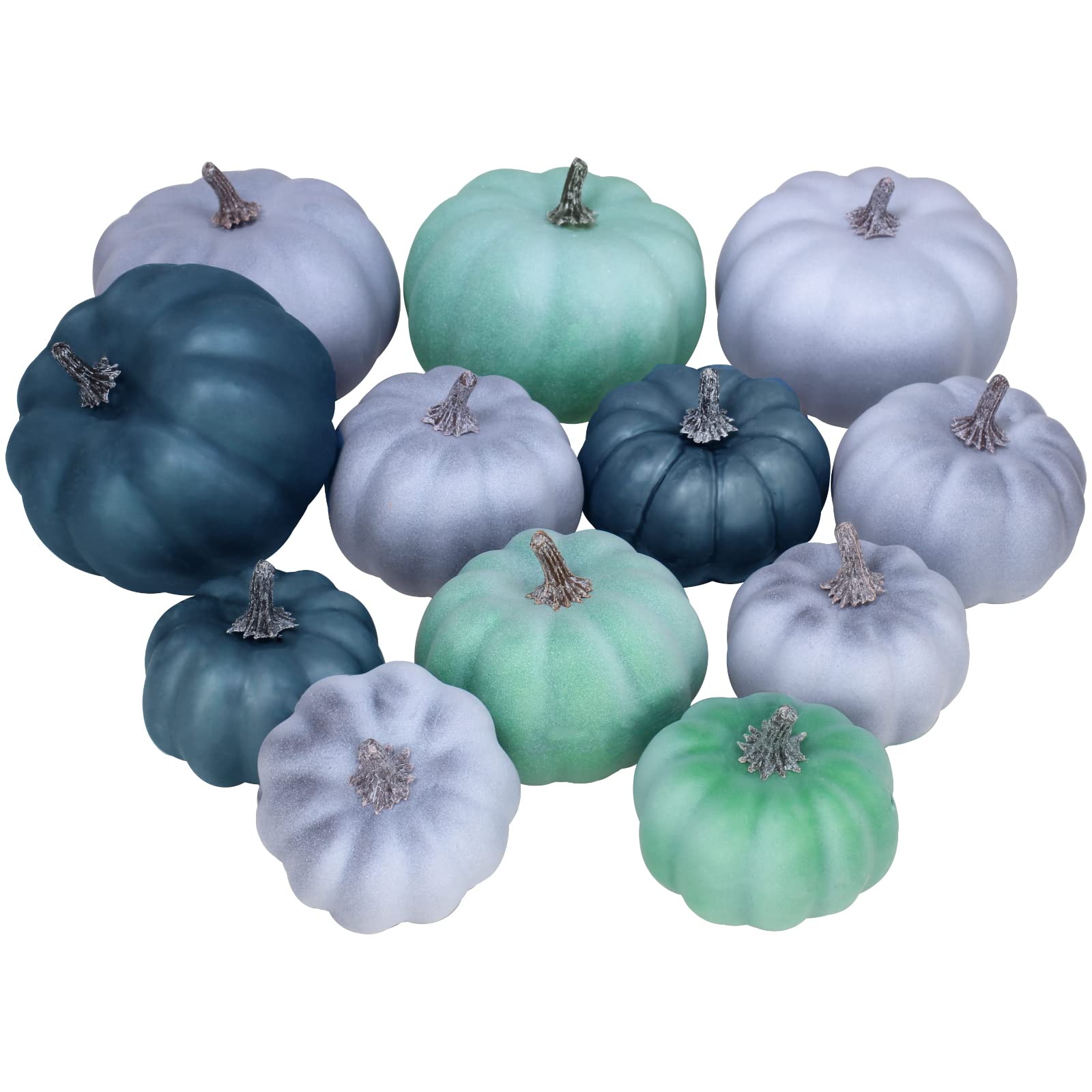 12 Pcs Assorted Small Rustic Harvest Artificial Pumpkins Decorative Pumpkins Foam Pumpkins in Green Blue Gray for Fall Autumn Ha