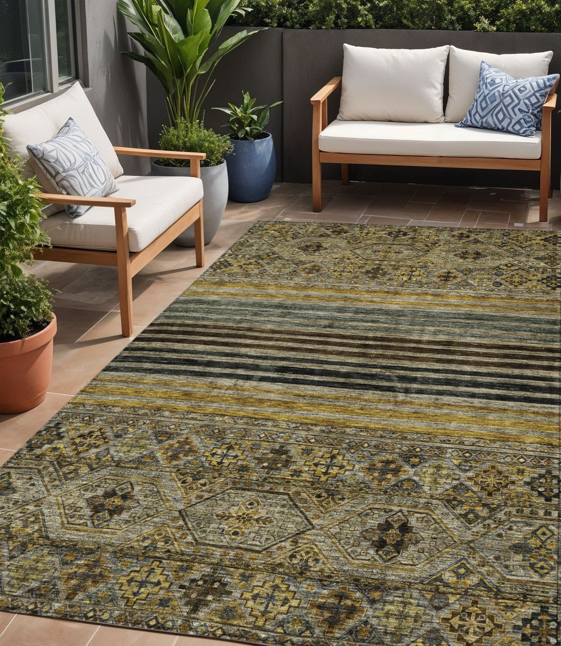 5 X 8 Gray Gold And Brown Medallion Washable Indoor Outdoor Area Rug