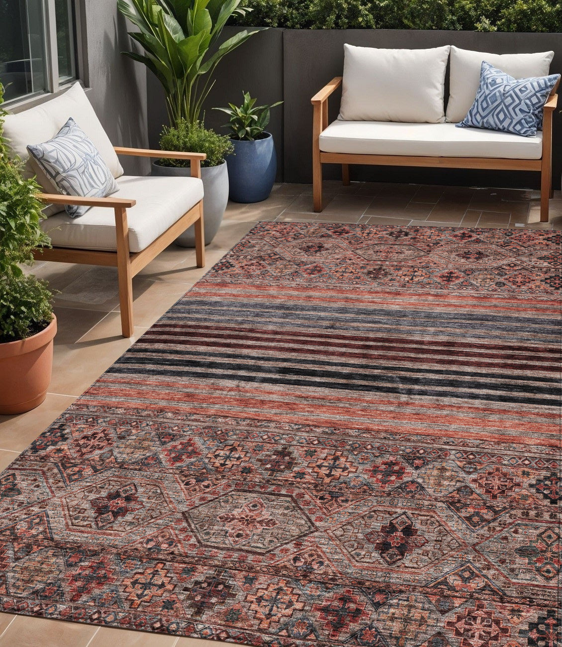 5 X 8 Rust Gray And Salmon Medallion Washable Indoor Outdoor Area Rug