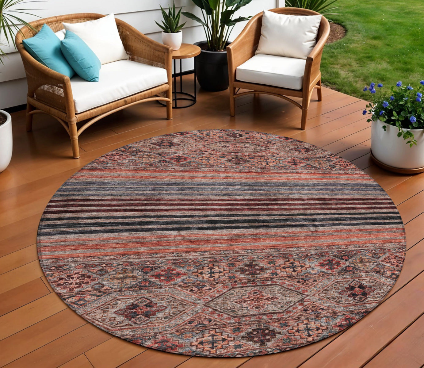 8 Rust Gray And Salmon Round Medallion Washable Indoor Outdoor Area Rug