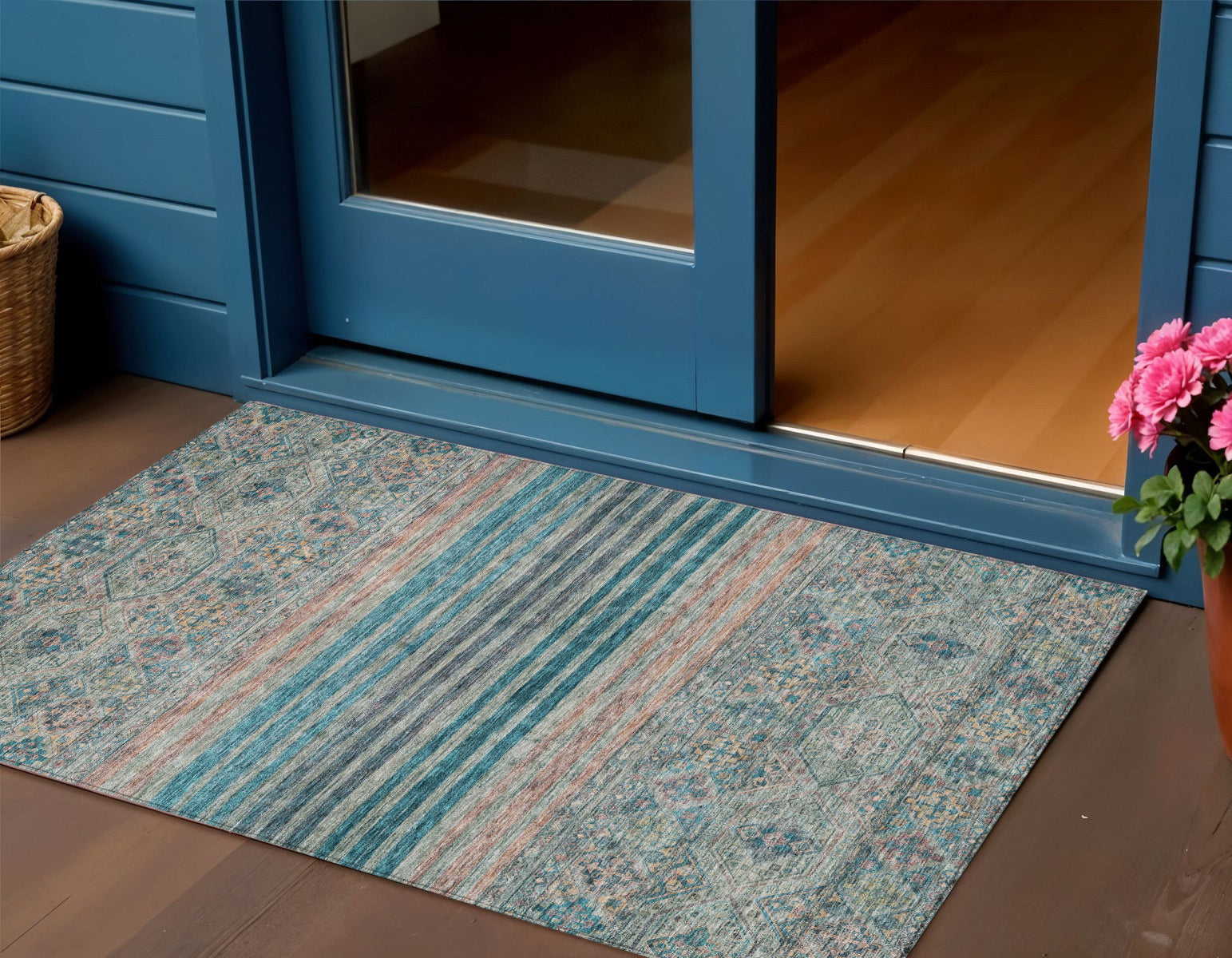 3 X 5 Teal Blue Salmon And Beige Medallion Washable Indoor Outdoor Area Rug