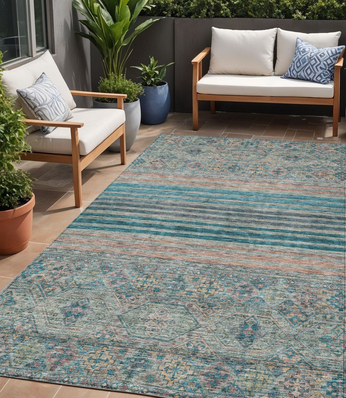 5 X 8 Teal Blue Salmon And Beige Medallion Washable Indoor Outdoor Area Rug