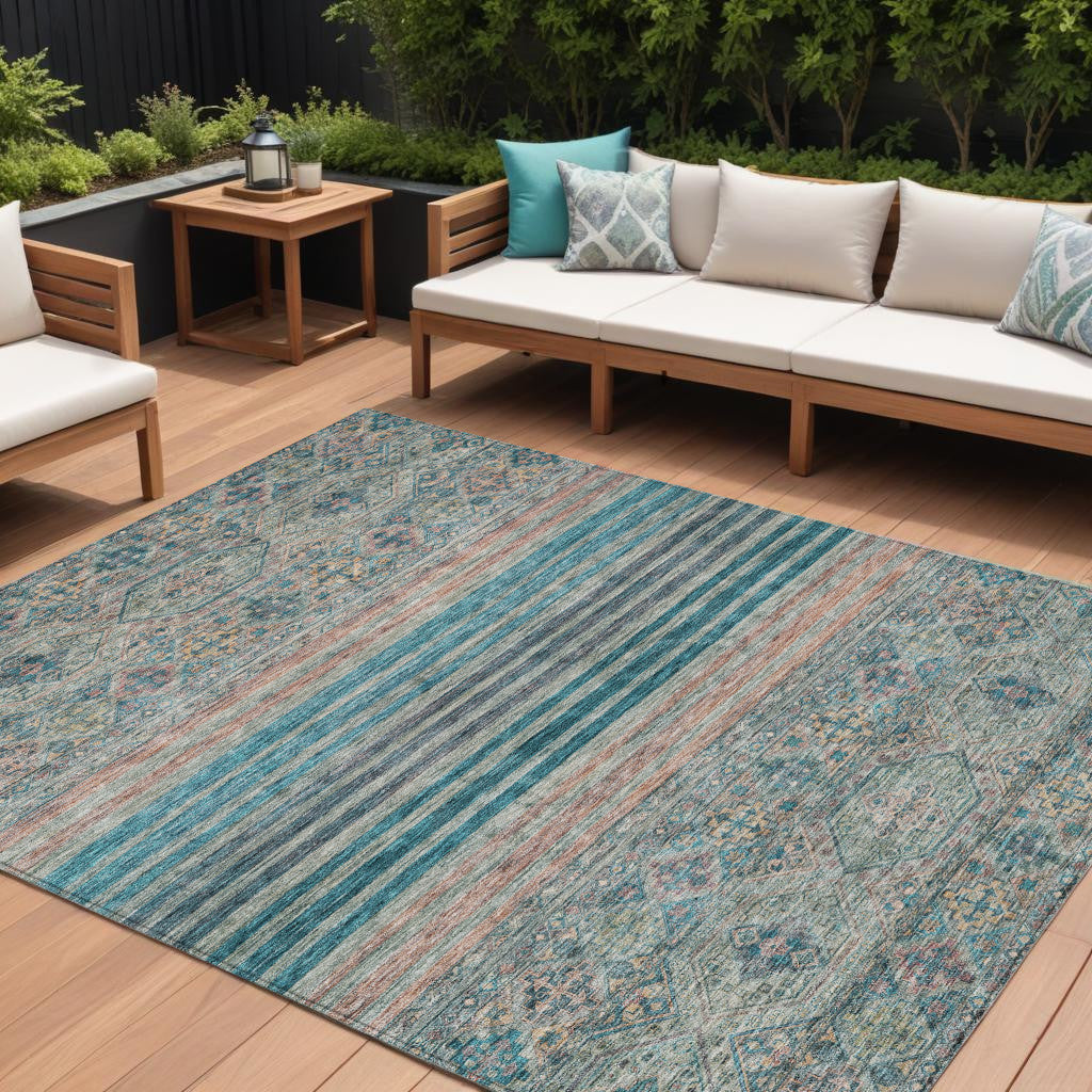 10 X 14 Teal Blue Salmon And Beige Medallion Washable Indoor Outdoor Area Rug