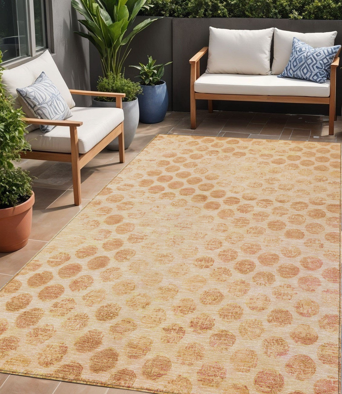 5 X 8 Peach And Rust Polka Dot Washable Indoor Outdoor Area Rug
