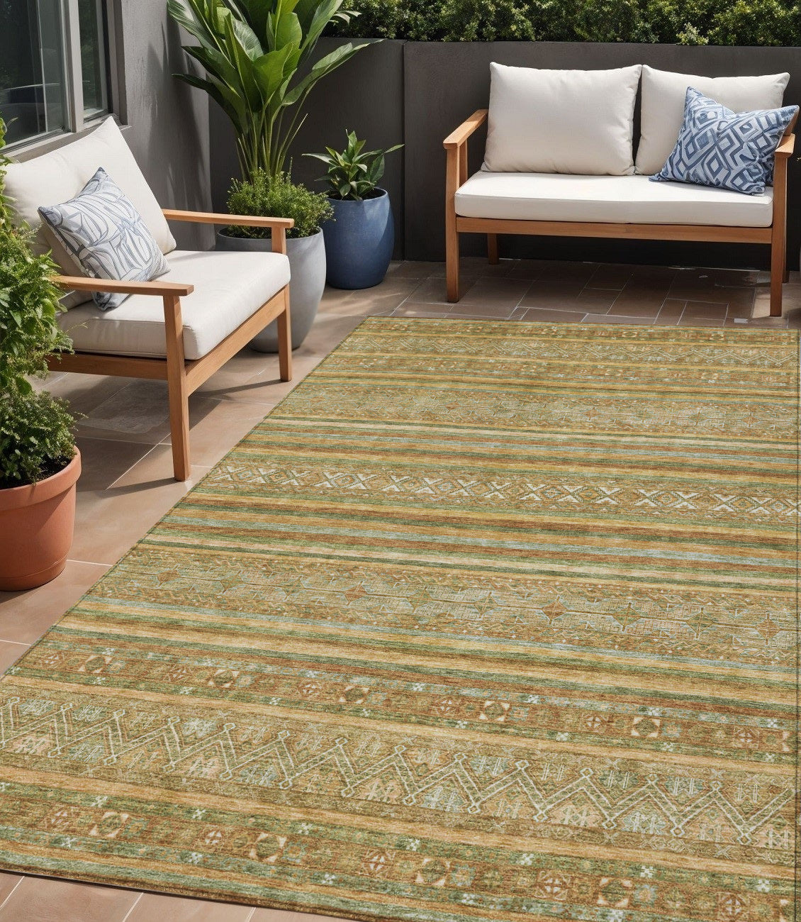 5 X 8 Artichoke Green Gold And Beige Southwestern Washable Indoor Outdoor Area Rug