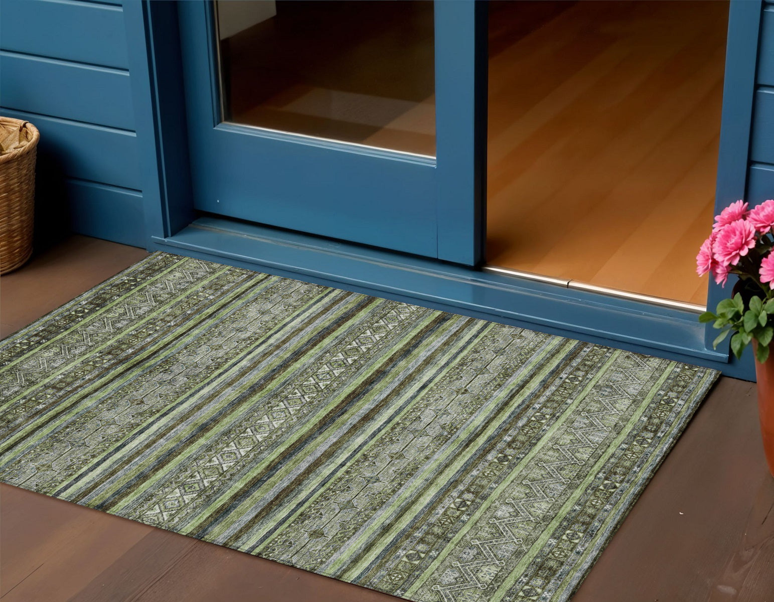 3 X 5 Olive Green Gray And Fern Green Southwestern Washable Indoor Outdoor Area Rug