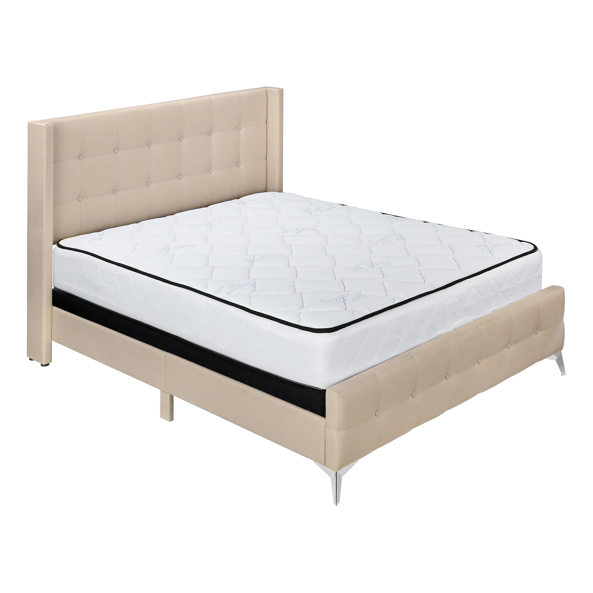 Monarch Specialties I 6041Q Bed, Frame, Platform, Bedroom, Queen Size, Upholstered, Linen Look Fabric, Metal Legs, Beige, Chrome, Contemporary, Modern