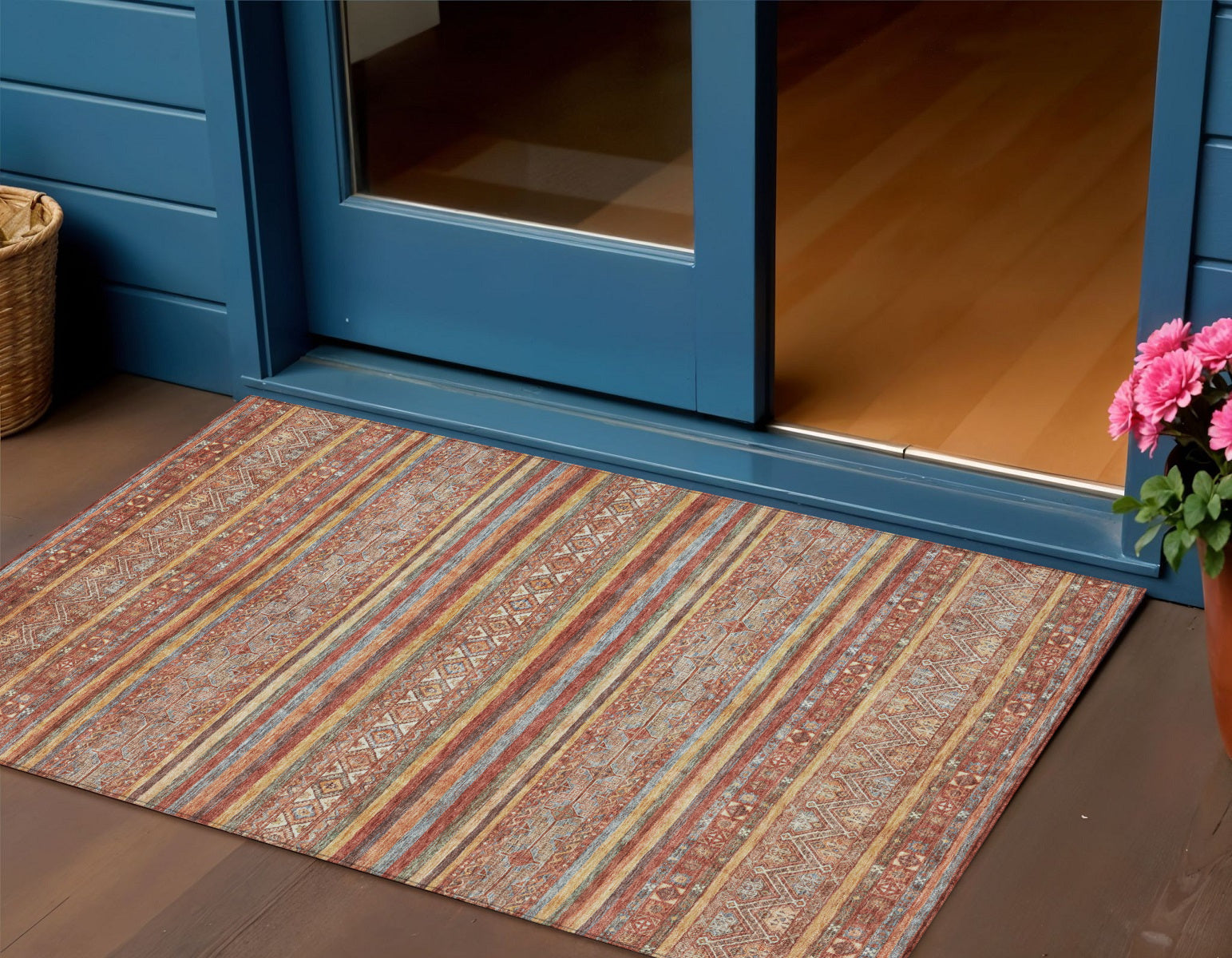 3 X 5 Rust Gold And Silver Southwestern Washable Indoor Outdoor Area Rug
