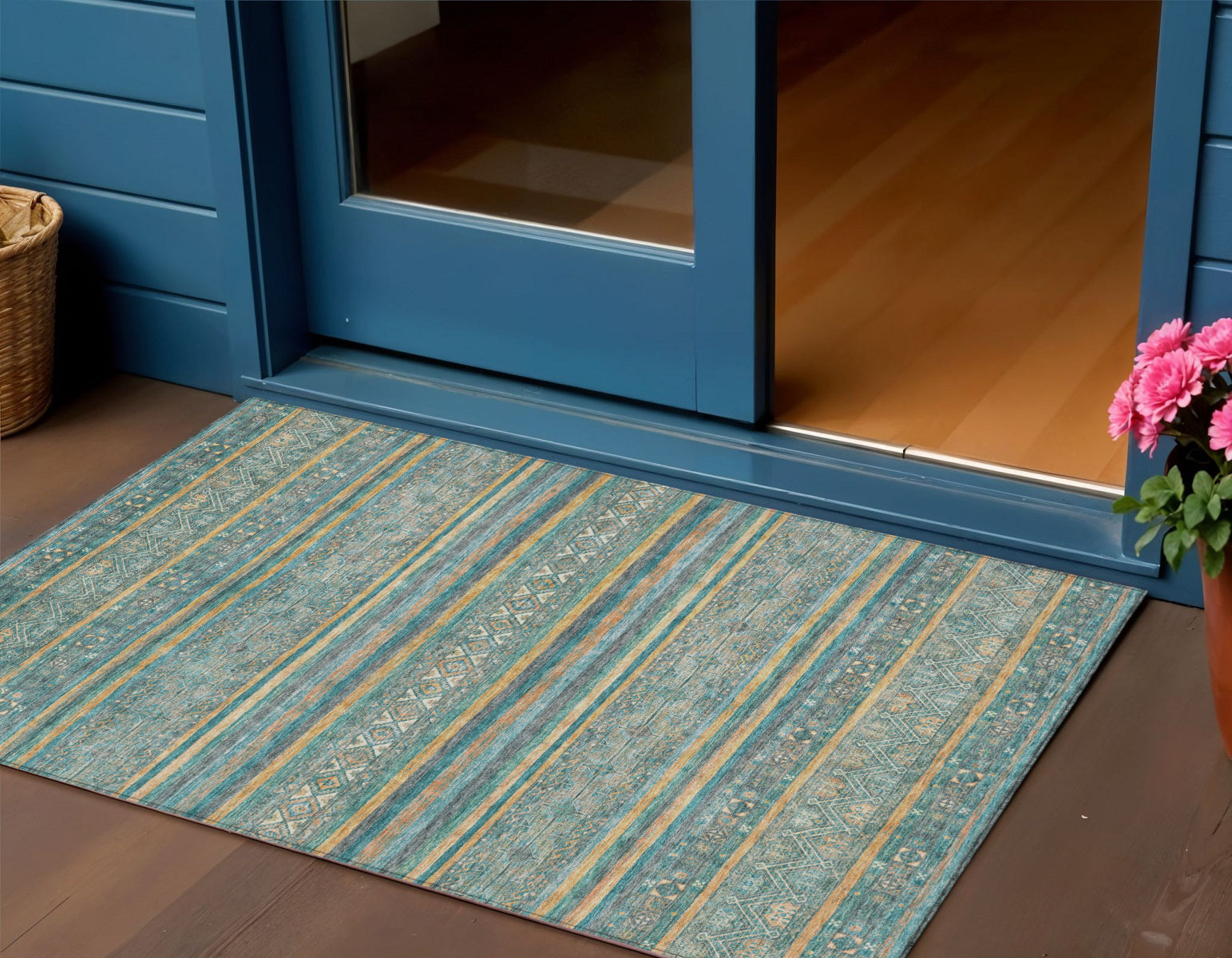 3 X 5 Teal Blue Gold And Taupe Southwestern Washable Indoor Outdoor Area Rug