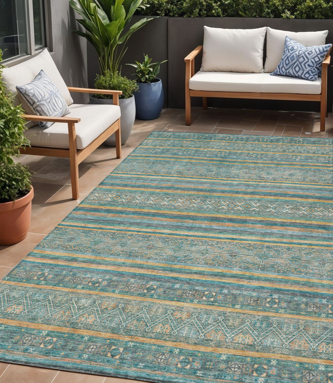 5 X 8 Teal Blue Gold And Taupe Southwestern Washable Indoor Outdoor Area Rug