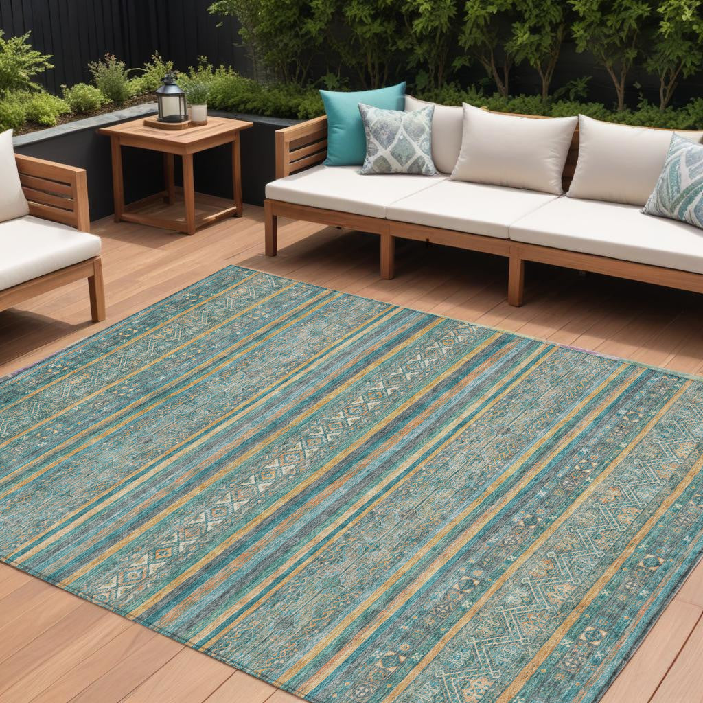 9 X 12 Teal Blue Gold And Taupe Southwestern Washable Indoor Outdoor Area Rug
