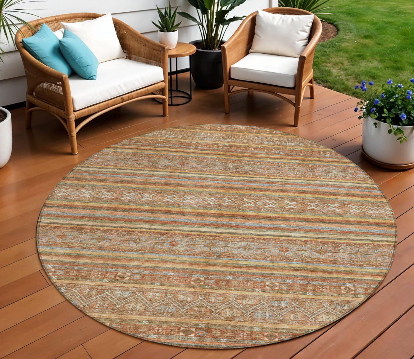 8 Terra Cotta Copper And Gray Round Southwestern Washable Indoor Outdoor Area Rug