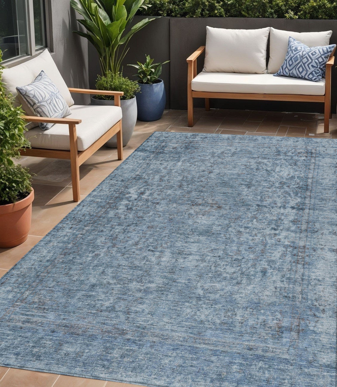 5 X 8 Blue And Beige Abstract Washable Indoor Outdoor Area Rug