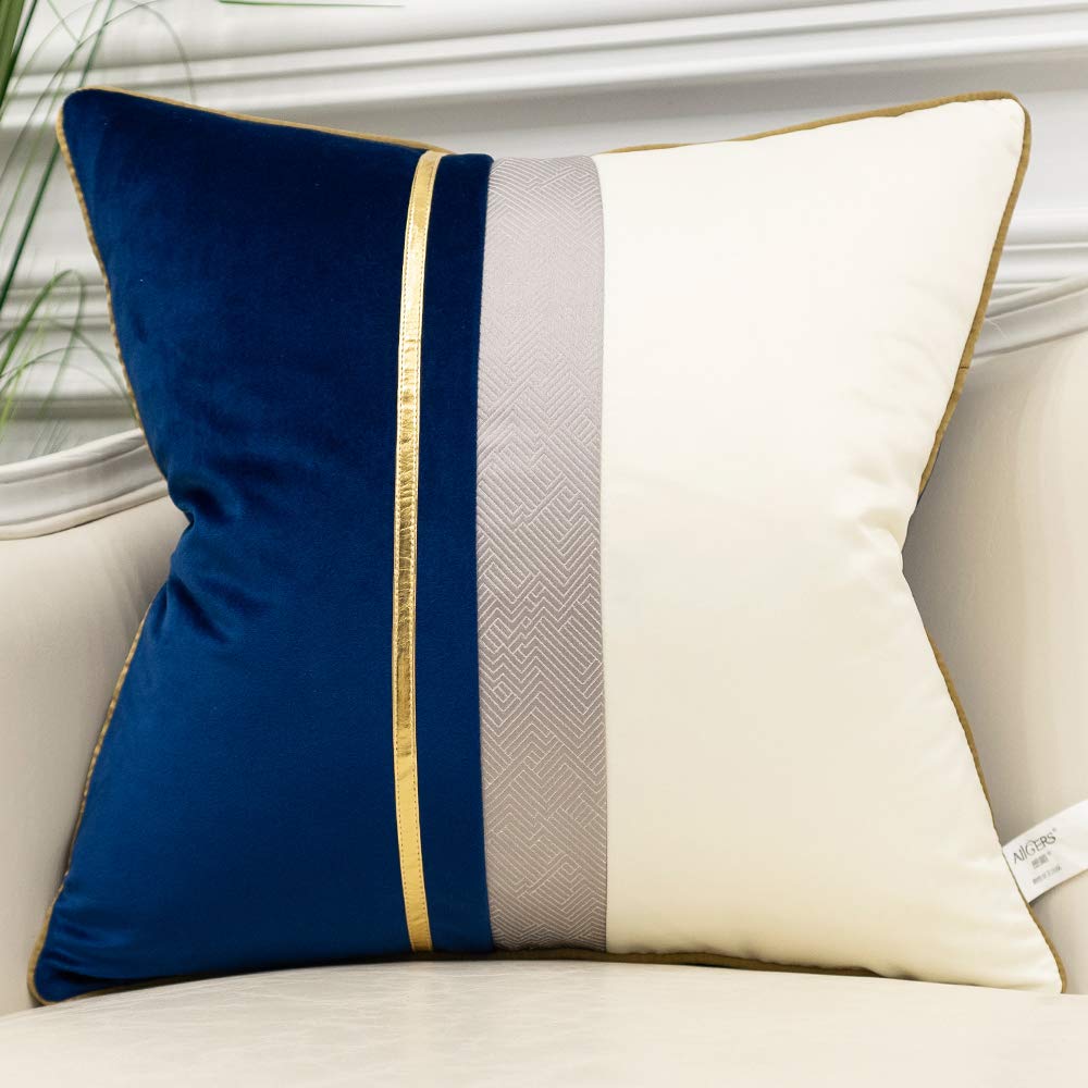 Avigers 18 X 18 Inches Navy Blue White Gold Leather Striped Patchwork Velvet Cushion Case Luxury Modern Throw Pillow Cover Decor