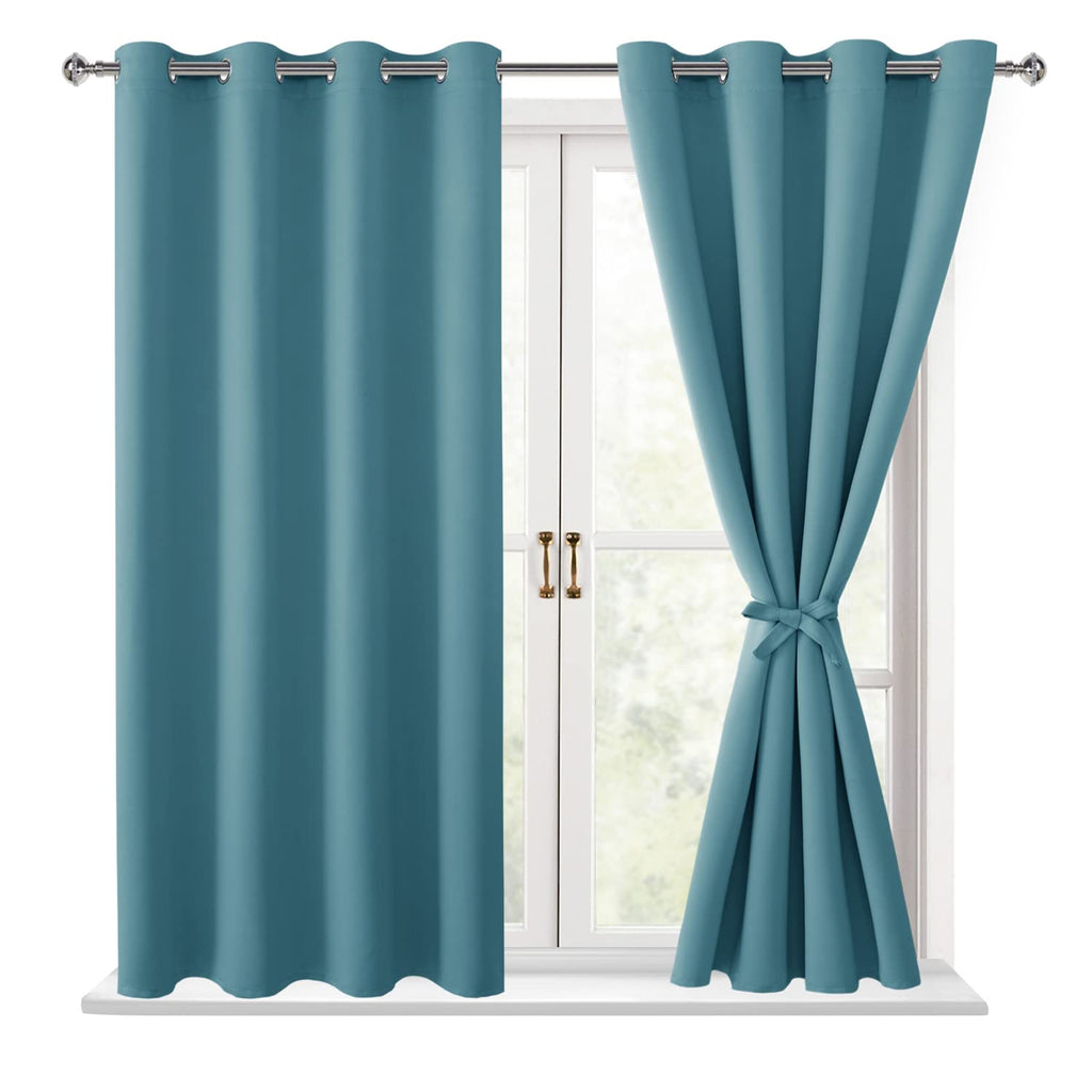 Hiasan Blackout Curtains For Bedroom - Thermal Insulated & Light Blocking Window Curtains For Living Room/Kids Room, 2 Drape Panels Sewn With Tiebacks, Turquoise, 52 X 45 Inch
