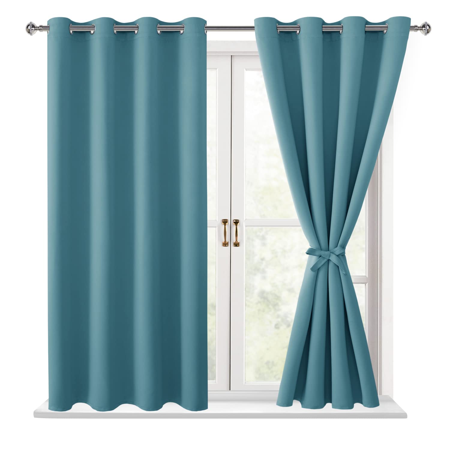 Hiasan Blackout Curtains For Bedroom - Thermal Insulated & Light Blocking Window Curtains For Living Room/Kids Room, 2 Drape Panels Sewn With Tiebacks, Turquoise, 52 X 45 Inch