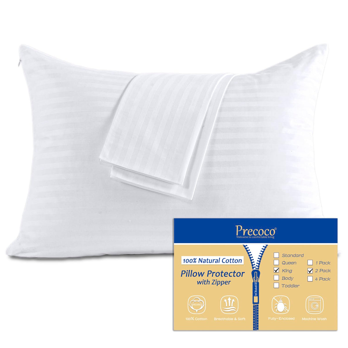 100% Cotton King Pillow Protectors With Zipper, White Pillow Cases King Size Set Of 2 For Home & Hotel, Sateen Soft Cooling Hidd