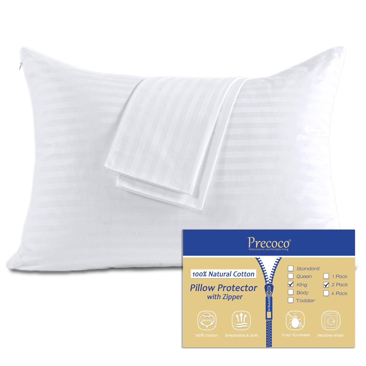 100% Cotton King Pillow Protectors With Zipper, White Pillow Cases King Size Set Of 2 For Home & Hotel, Sateen Soft Cooling Hidd