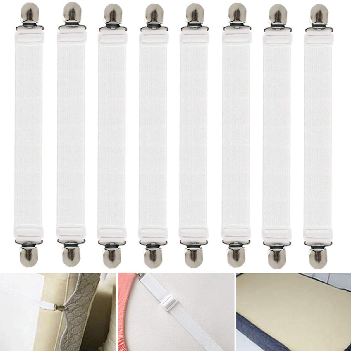 8pcs Sheet Straps, Adjustable Bed Sheet Holder Straps Fitted Sheet Clips,Elastic Bed Sheet Fasteners Sheet Suspenders,White
