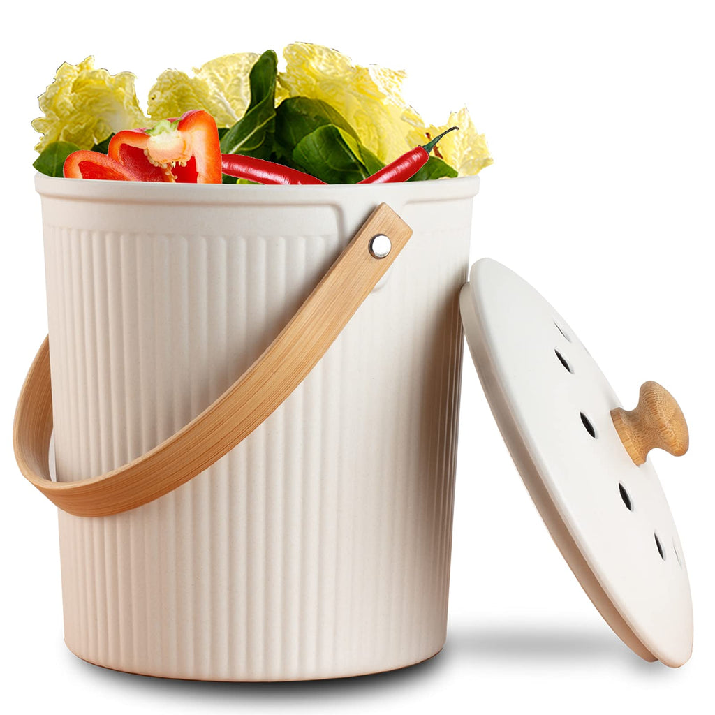LALASTAR Countertop Compost Bin with Lid, Made of Sustainable Bamboo Fiber, Odorless Kitchen Compost Bucket, 1 Gallon, Cream