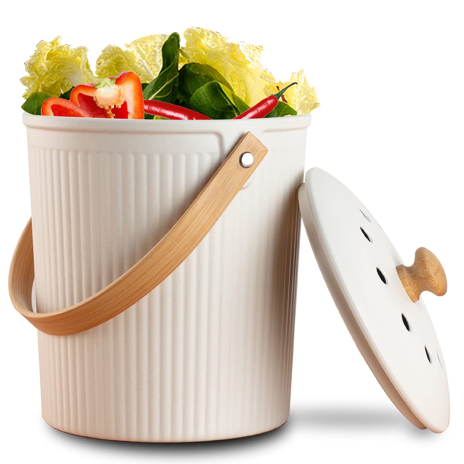 LALASTAR Countertop Compost Bin with Lid, Made of Sustainable Bamboo Fiber, Odorless Kitchen Compost Bucket, 1 Gallon, Cream
