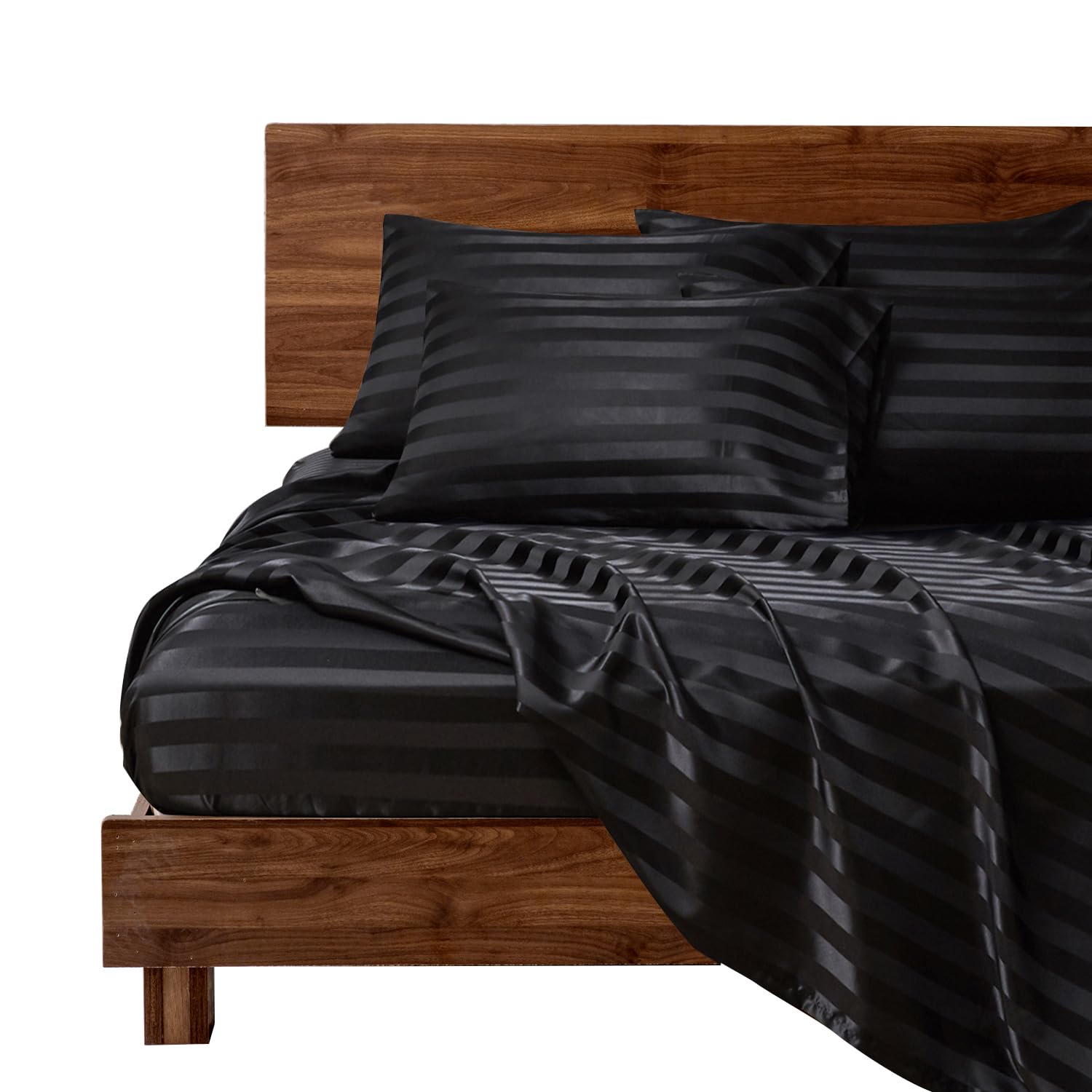 Mr&Hm Satin Bed Sheets, King Size Sheets Set, 6 Pcs Silky Bedding Set With 15 Inches Deep Pocket For Mattress(King, Black Stripe